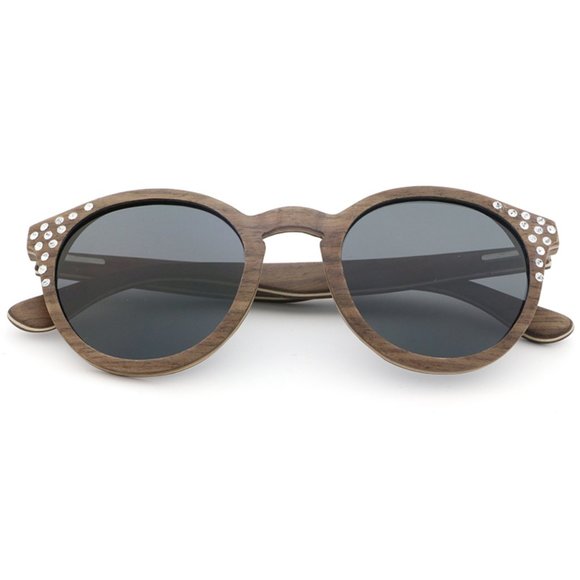 Wood Sunglasses with Gradient Gray Polarized Lens Brown Wood Frame & Rhinestones main image 5